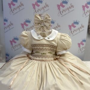 Beige Ribbon Smock Dress