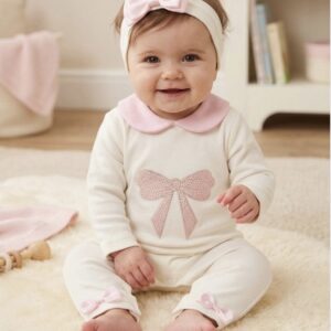 Ivory and pink diamanté bow babygrow set